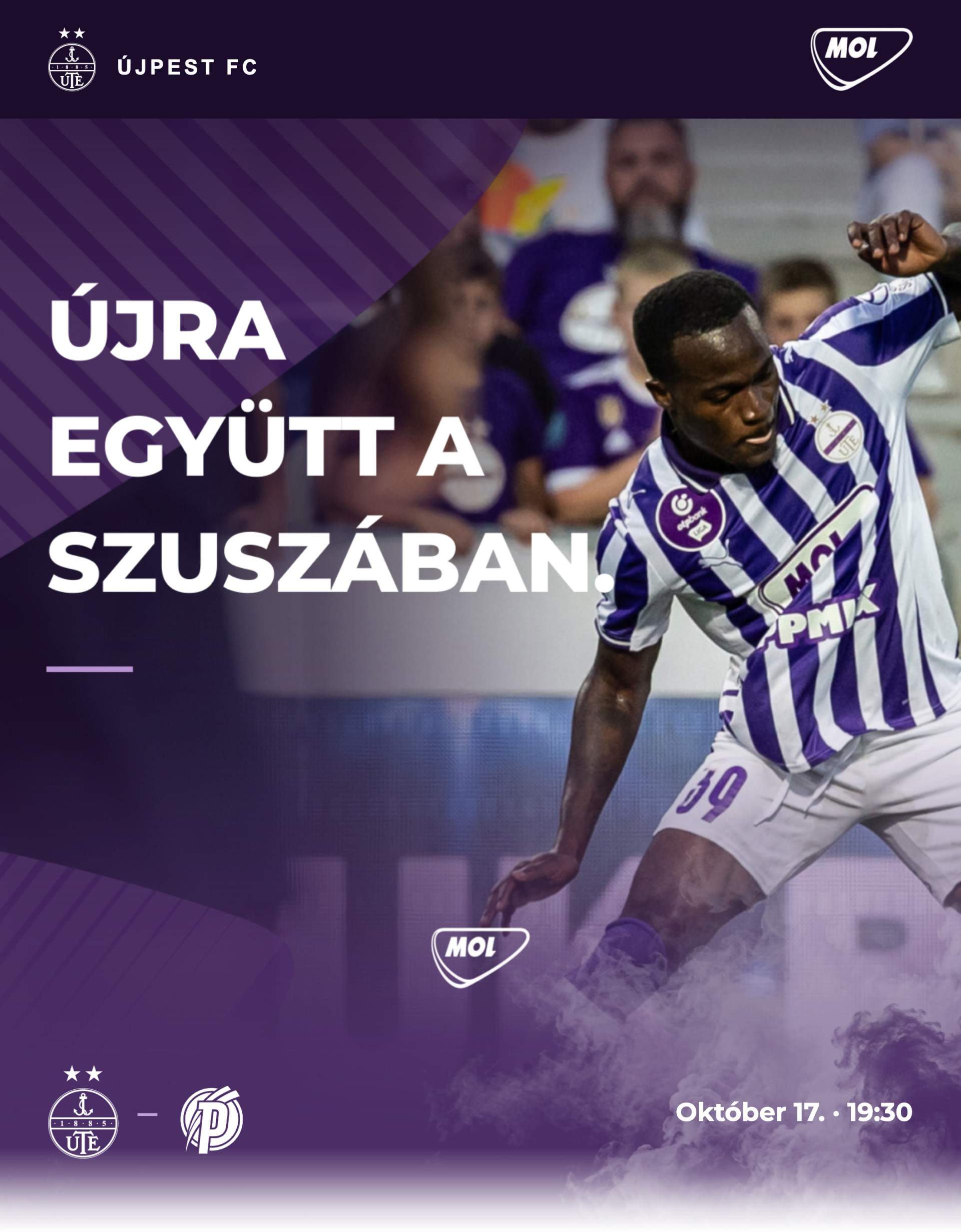A Club 1885 hazai meccsheti emailjének eleje, az Újpest FC és a Puskás Akadémia FC címerével és a meccs dátumával.
