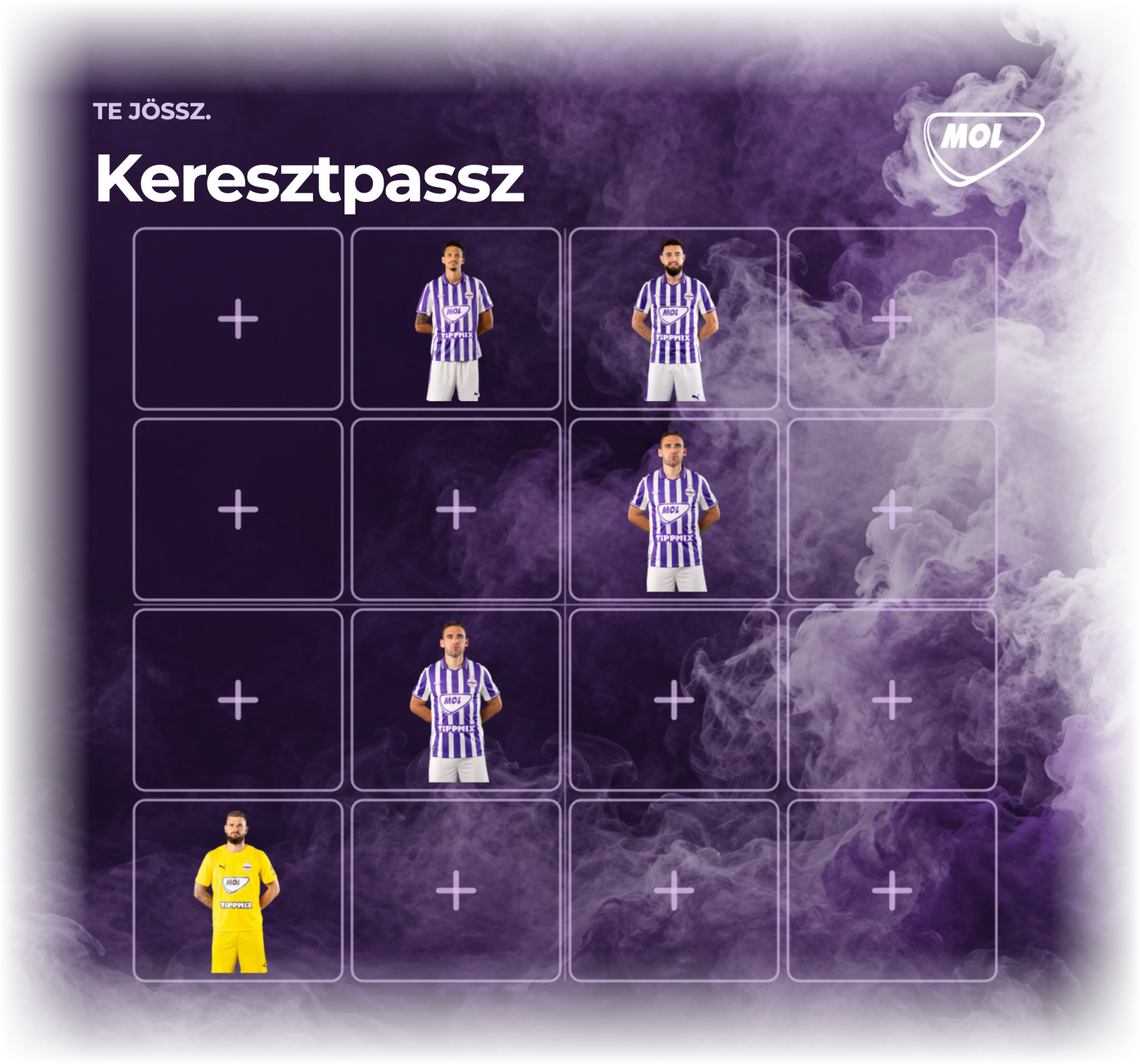 Keresztpassz: valódi Újpest-játékosok az email természetes, füstös lila hátterébe illesztve.