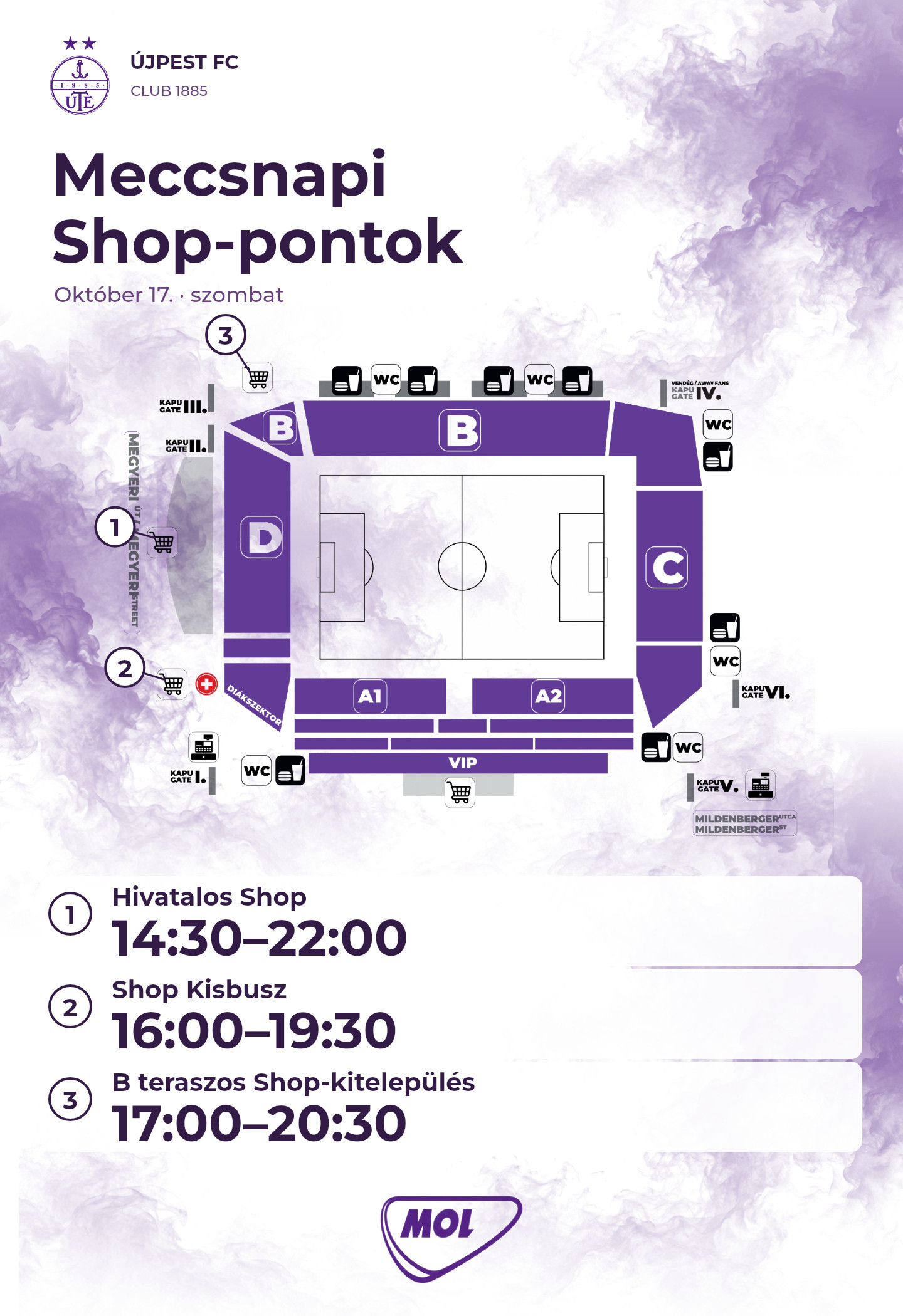 Meccsnapi Shop-térkép: 1. Hivatalos Shop 14:30–22:00; 2. Shop Kisbusz 16:00–19:30; 3. B teraszos Shop-kitelepülés 17:00–20:30